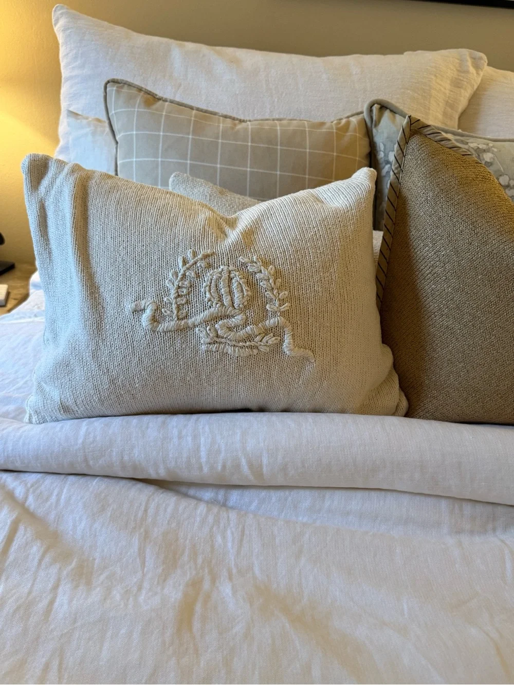 Ralph Lauren Lara crest knit pillows Ivory and stripe edge raffia pillow bundle